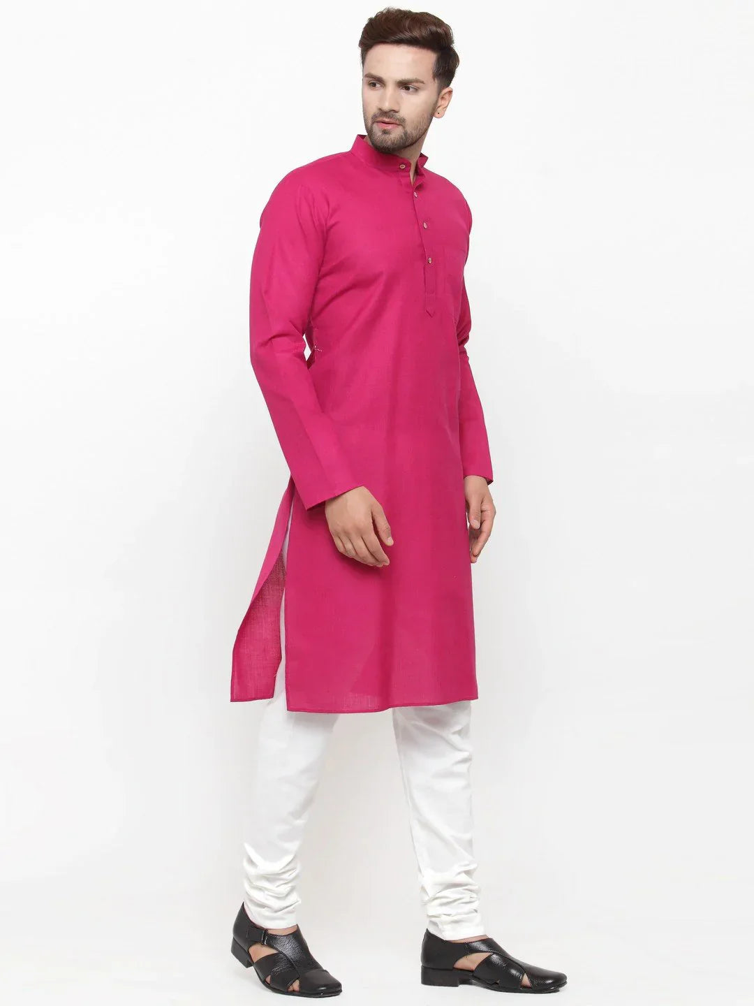 Jompers Men's Pink & White Solid Kurta with Churidar