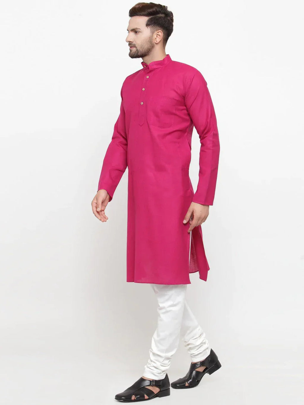 Jompers Men's Pink & White Solid Kurta with Churidar