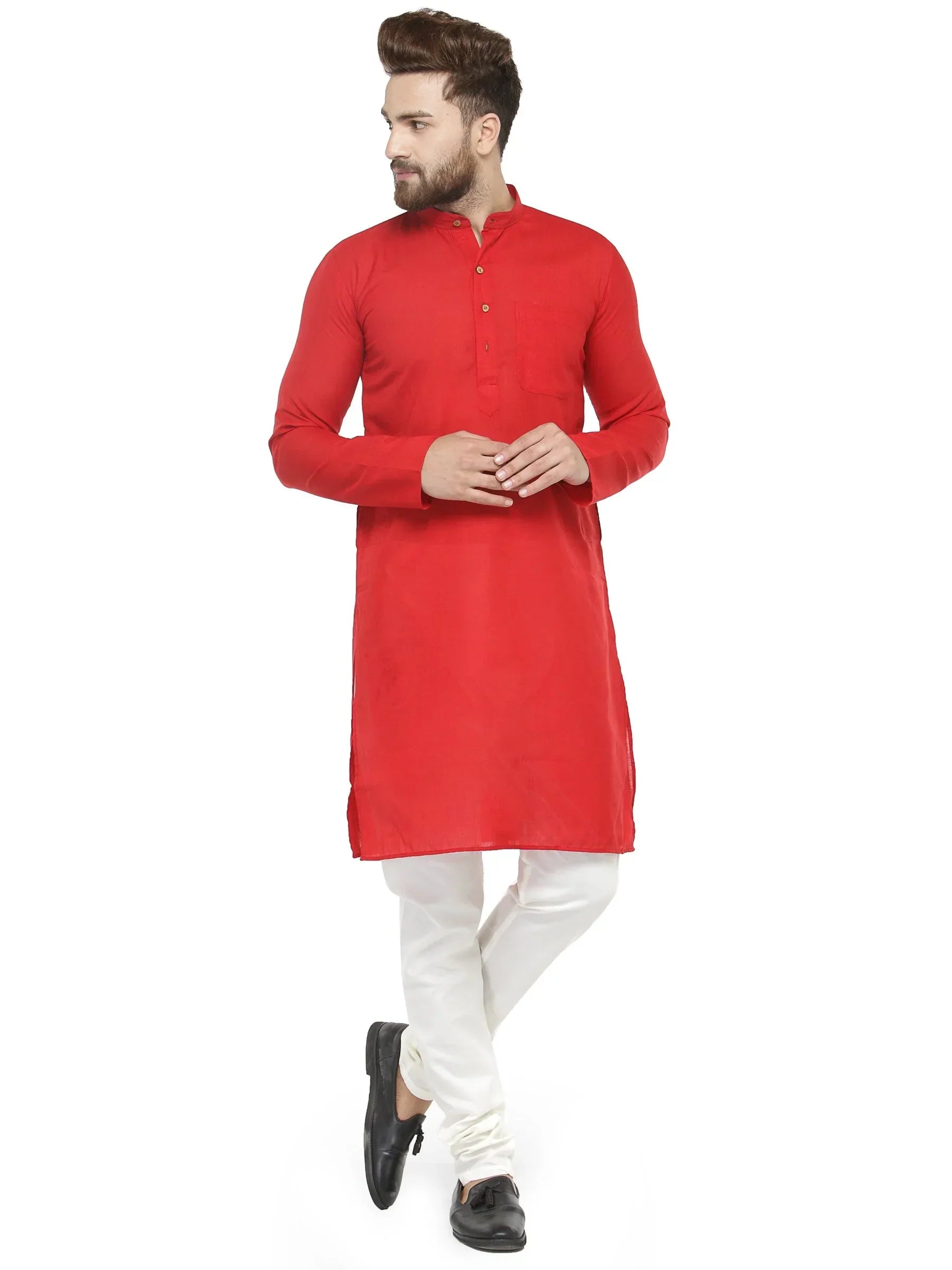 Jompers Men's Red & White Solid Kurta with Churidar