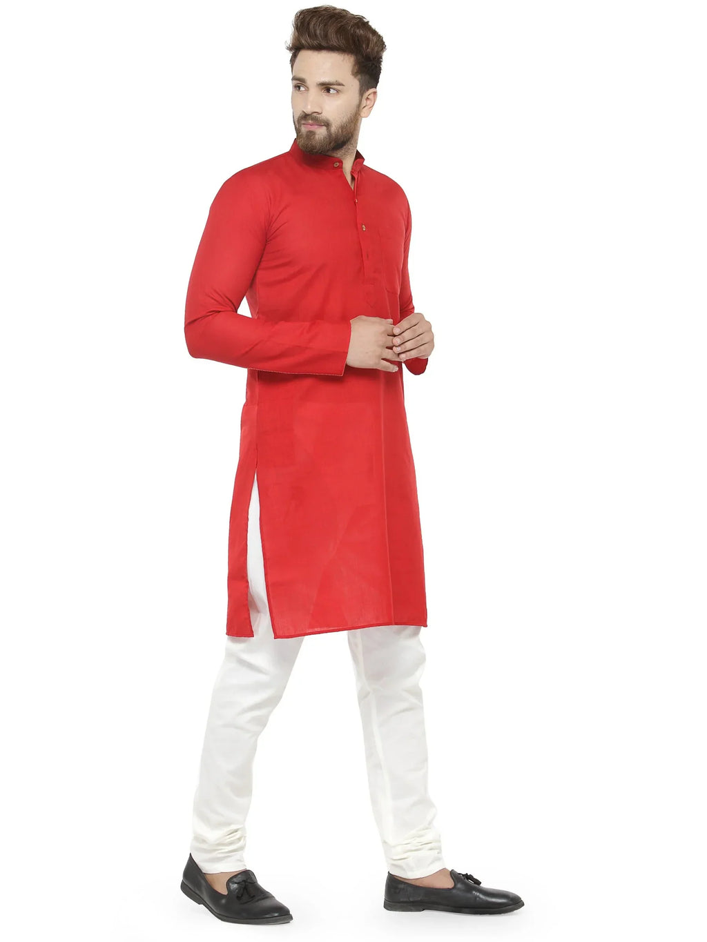 Jompers Men's Red & White Solid Kurta with Churidar
