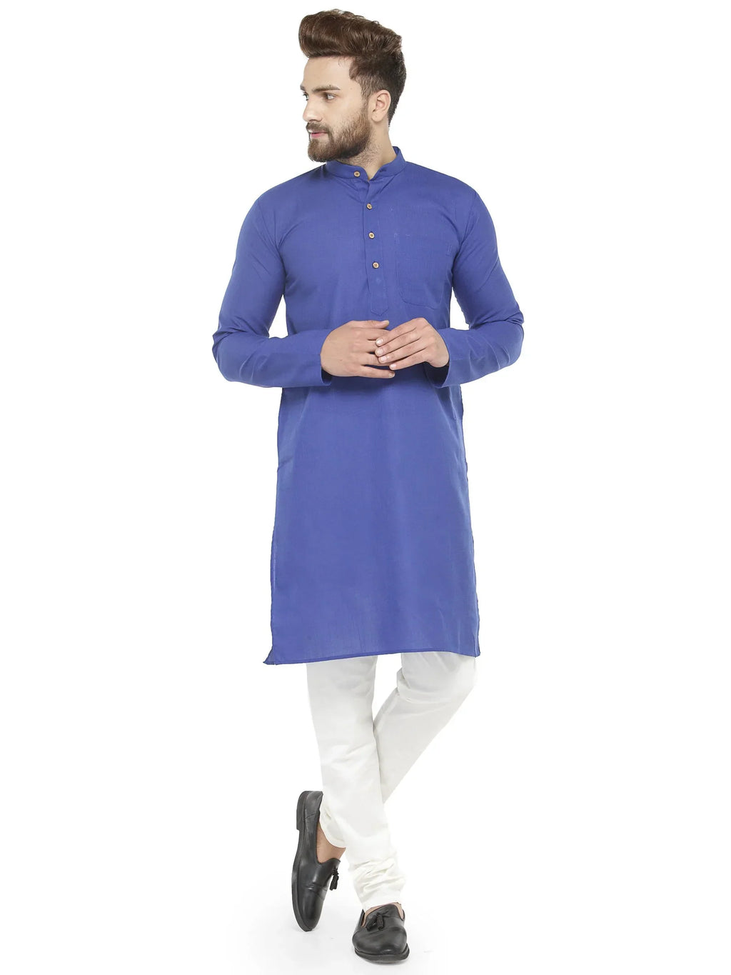 Jompers Men's Royal Blue & White Solid Kurta with Churidar