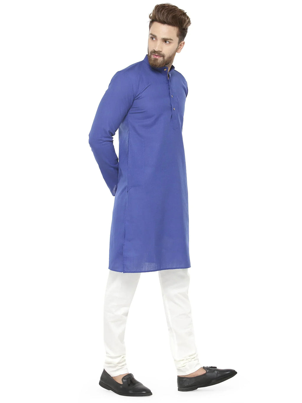 Jompers Men's Royal Blue & White Solid Kurta with Churidar