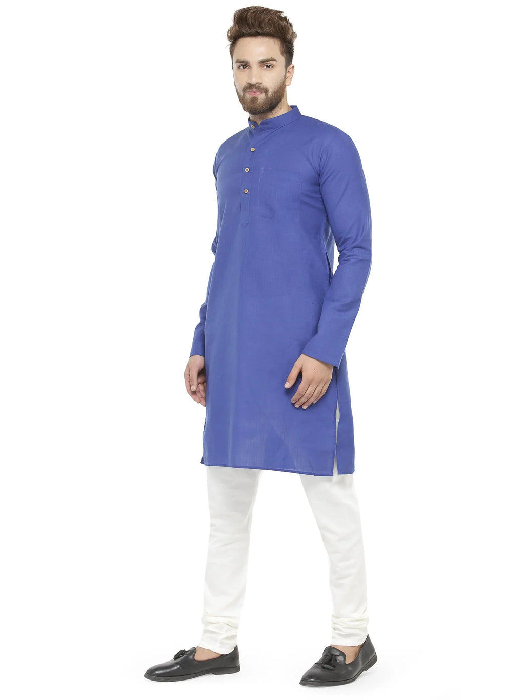 Jompers Men's Royal Blue & White Solid Kurta with Churidar