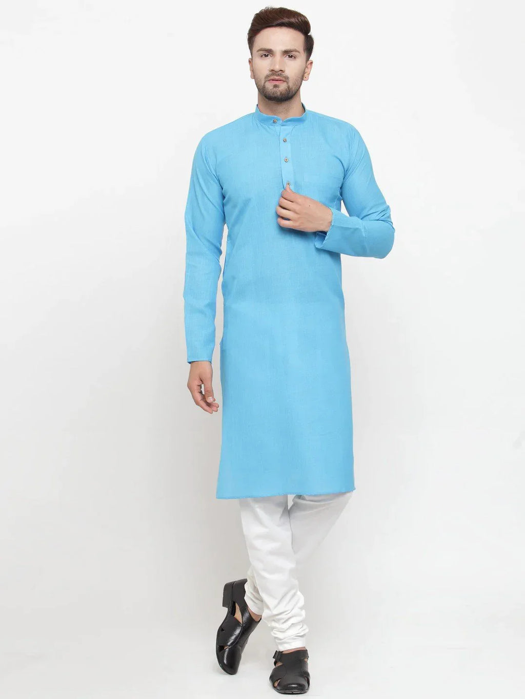 Jompers Men's Sky Blue & White Solid Kurta with Churidar