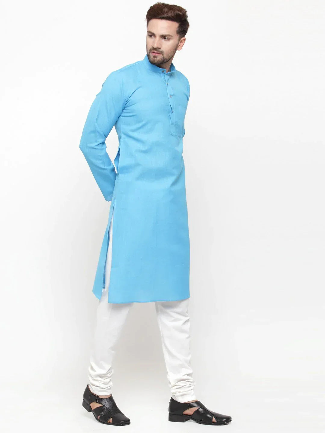 Jompers Men's Sky Blue & White Solid Kurta with Churidar