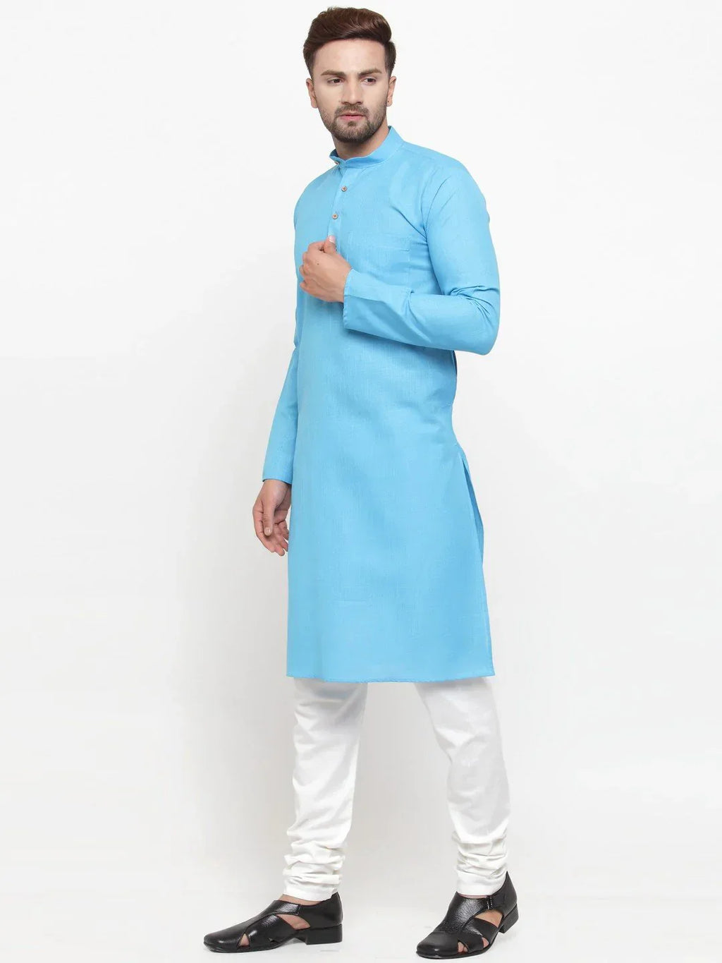 Jompers Men's Sky Blue & White Solid Kurta with Churidar