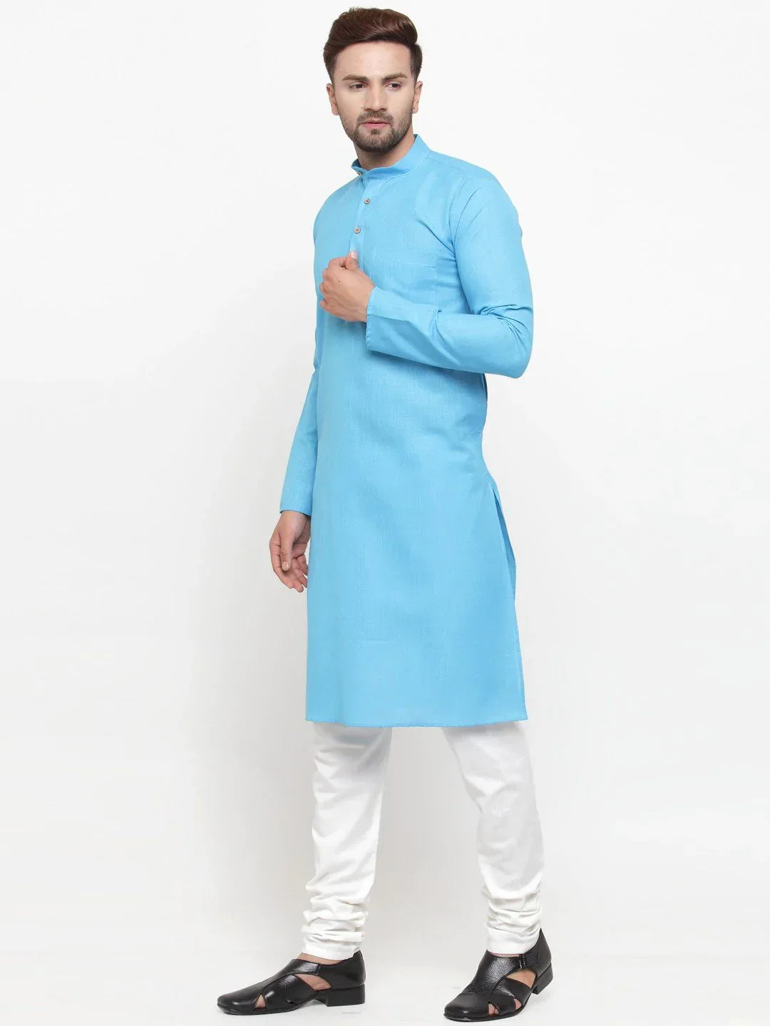 Jompers Men's Sky Blue & White Solid Kurta with Churidar