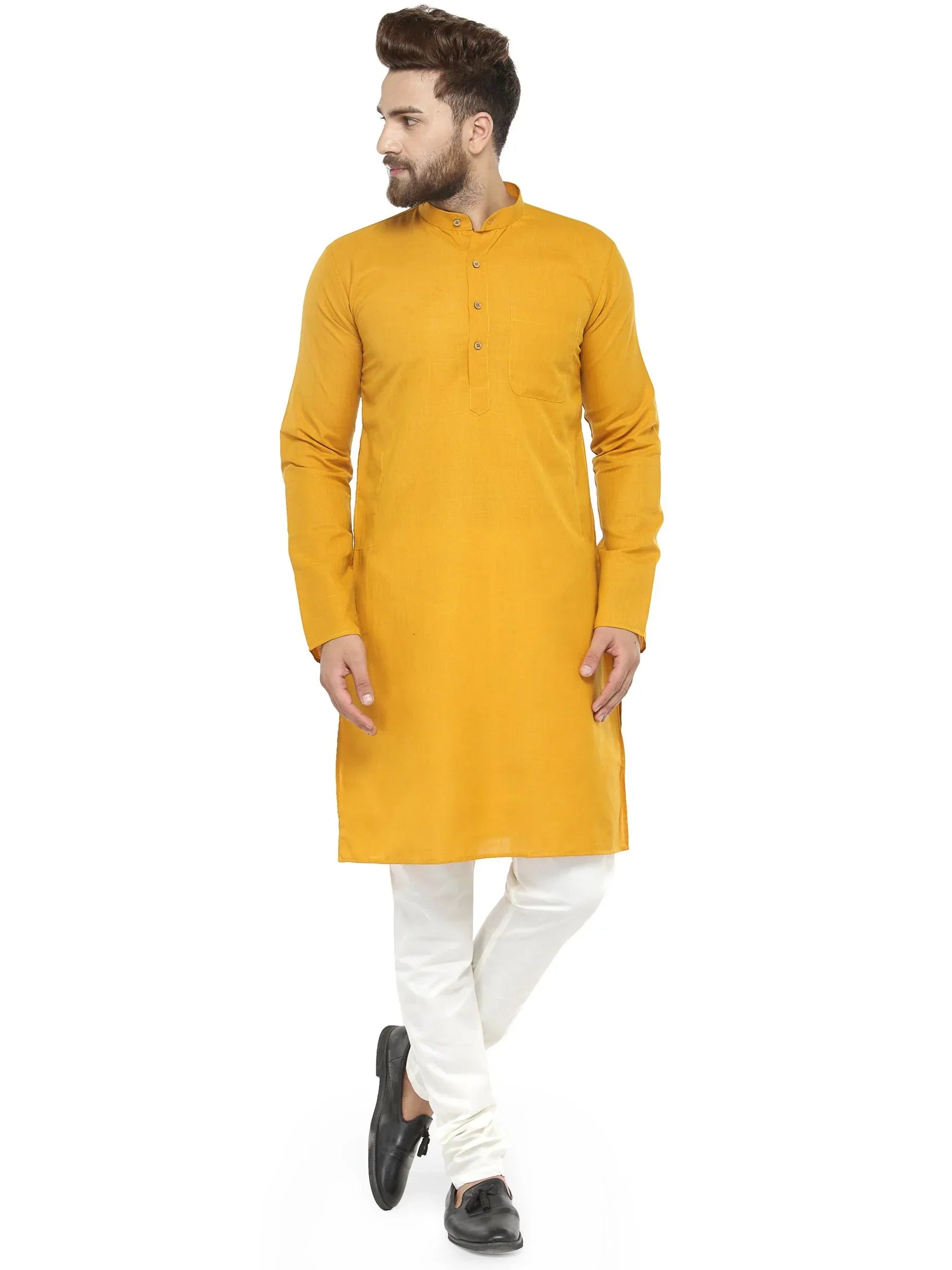 Jompers Men's Yellow & White Solid Kurta with Churidar