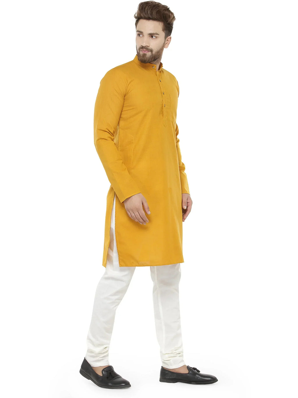 Jompers Men's Yellow & White Solid Kurta with Churidar