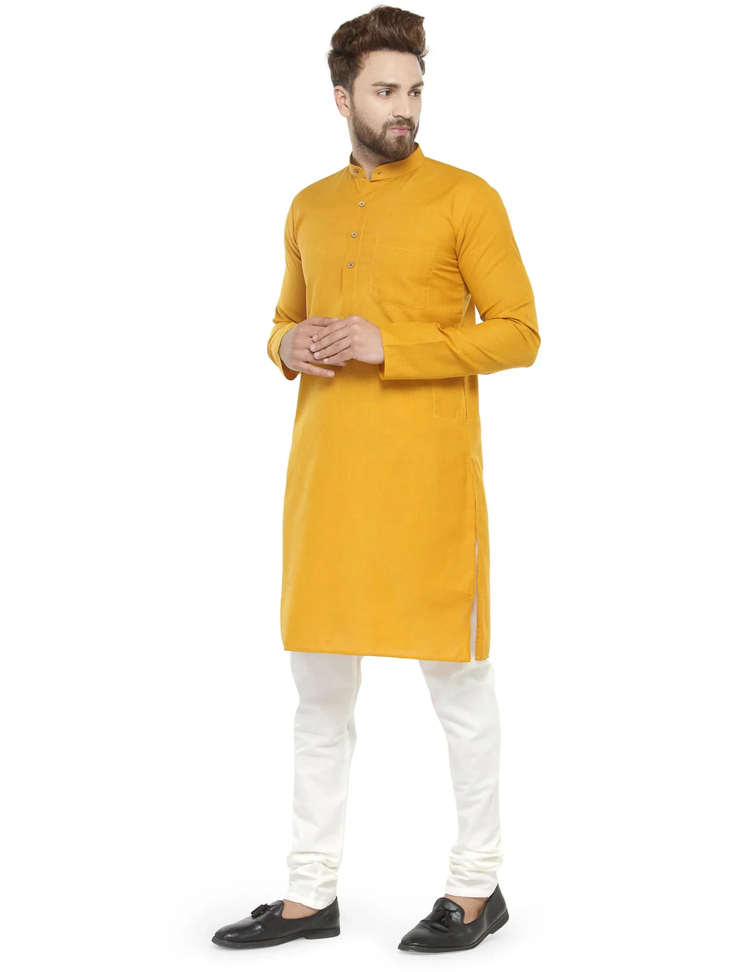 Jompers Men's Yellow & White Solid Kurta with Churidar