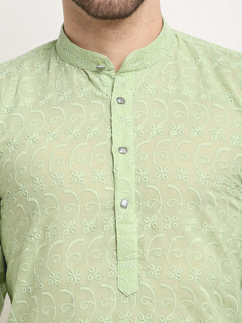 Jompers Men's Green Chikan Kurta with Churidar