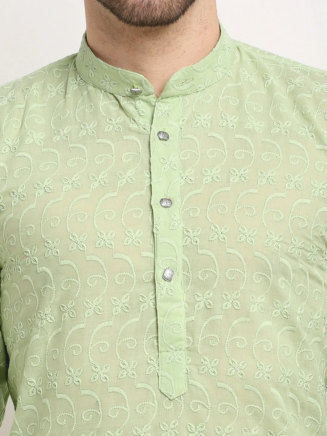 Jompers Men's Green Chikan Kurta with Churidar