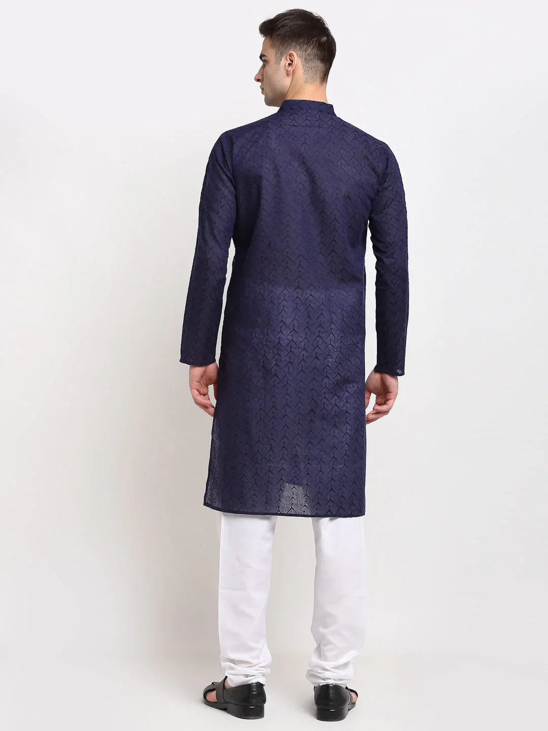 Jompers Men's Navy Blue Chikan Kurta with Churidar