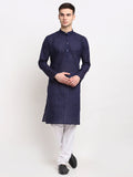 Jompers Men's Navy Blue Chikan Kurta with Churidar