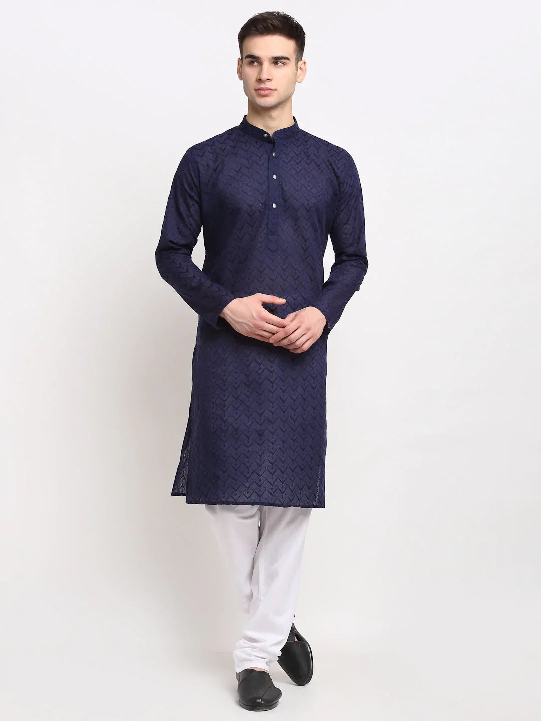 Jompers Men's Navy Blue Chikan Kurta with Churidar