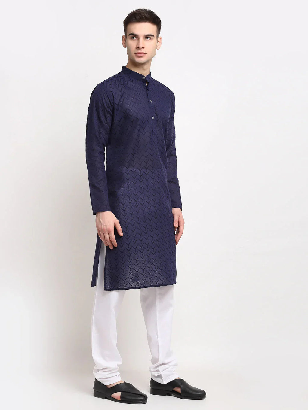 Jompers Men's Navy Blue Chikan Kurta with Churidar