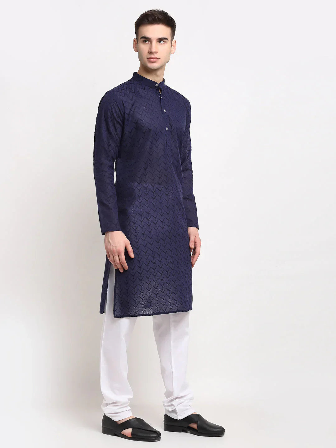 Jompers Men's Navy Blue Chikan Kurta with Churidar