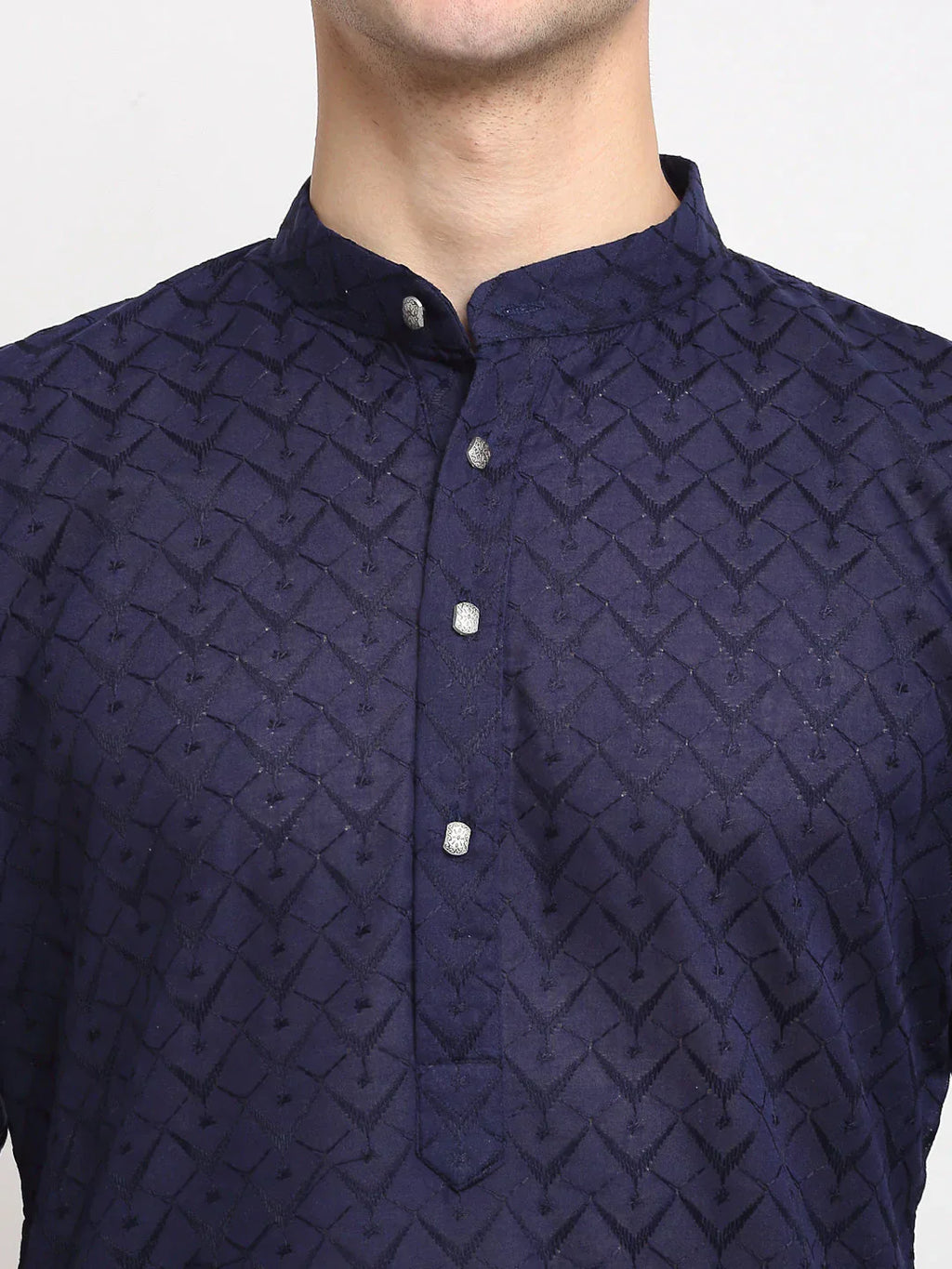 Jompers Men's Navy Blue Chikan Kurta with Churidar