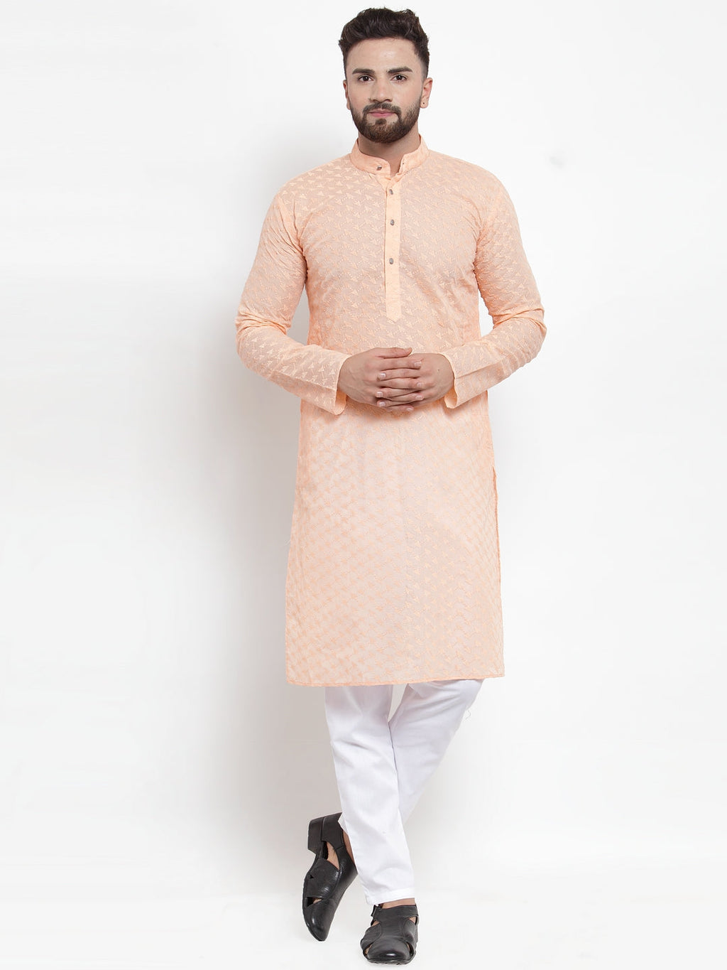 Jompers Men Orange Chikan Kurta with Churidar