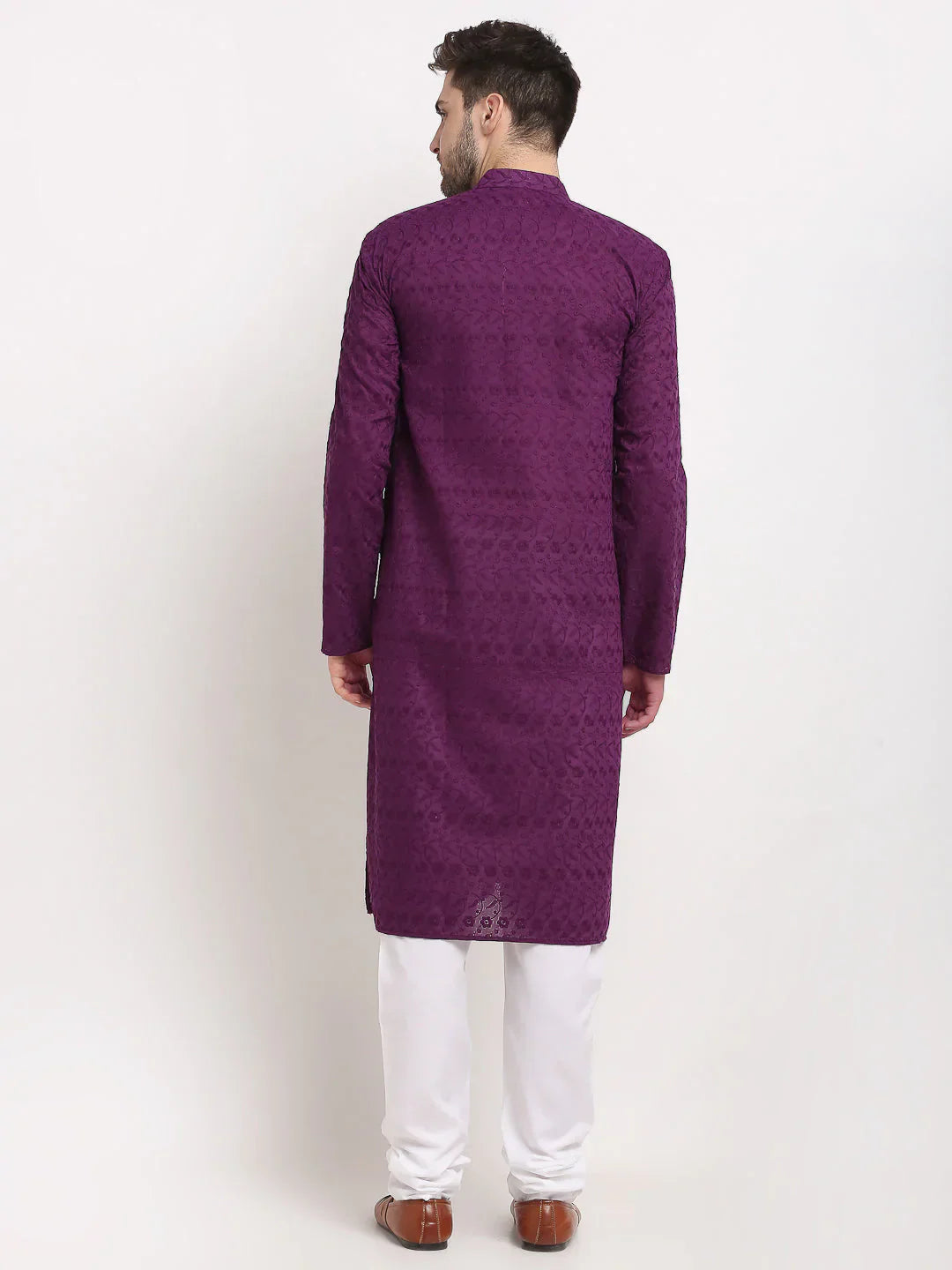 Jompers Men's Purple Chikan Kurta with Churidar