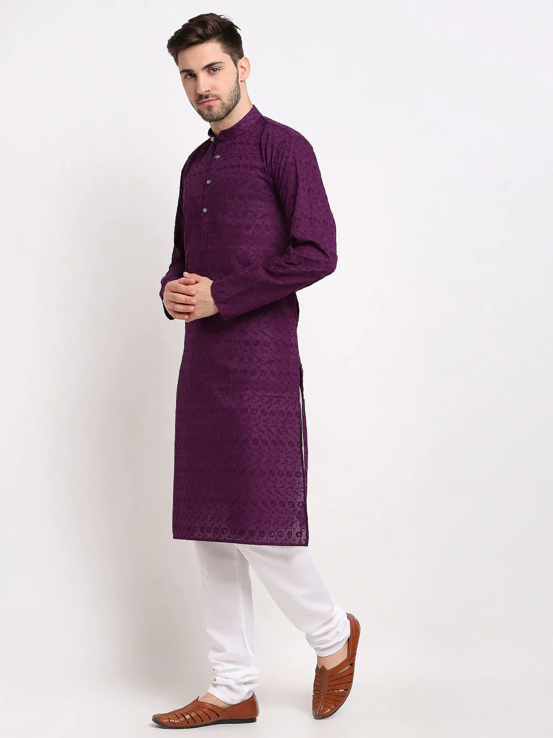 Jompers Men's Purple Chikan Kurta with Churidar