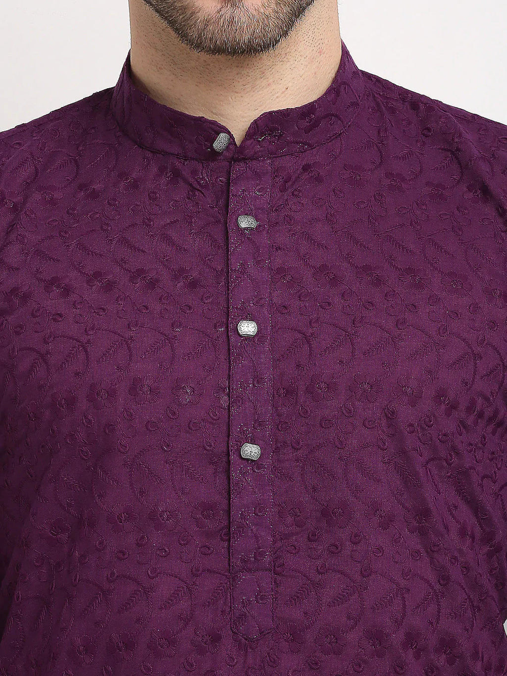 Jompers Men's Purple Chikan Kurta with Churidar