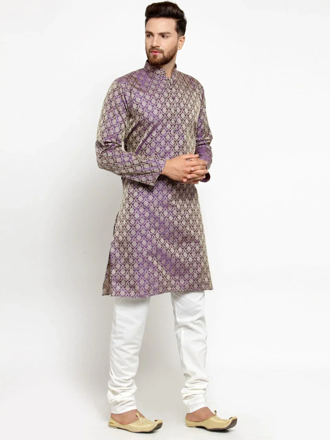 Jompers Men's Purple & Beige Self Design Kurta with Churidar