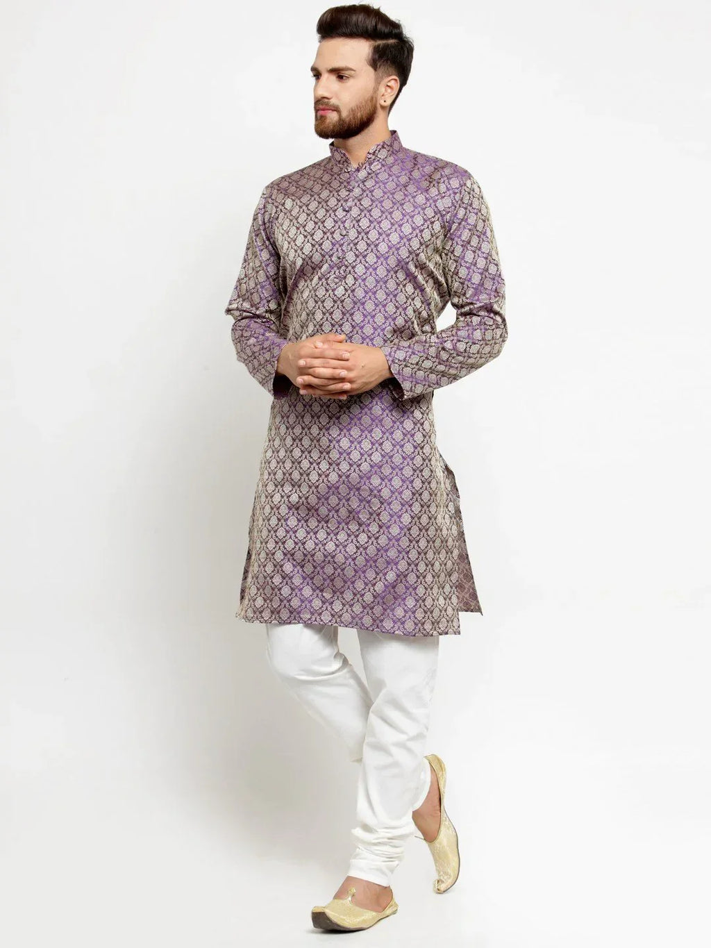 Jompers Men's Purple & Beige Self Design Kurta with Churidar