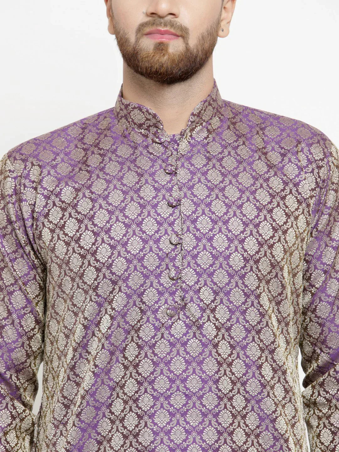 Jompers Men's Purple & Beige Self Design Kurta with Churidar