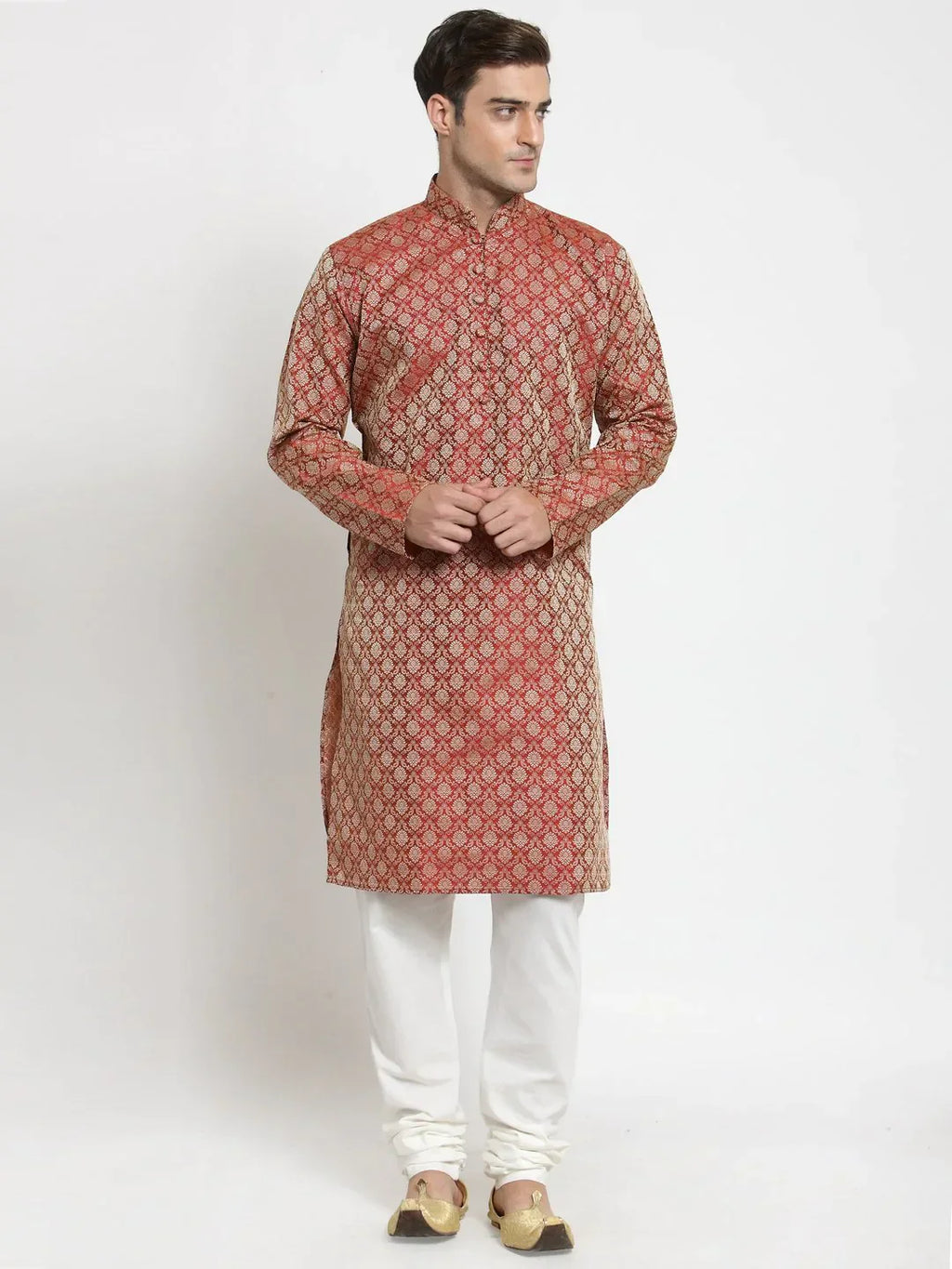 Jompers Men's Red & Beige Self Design Kurta with Churidar