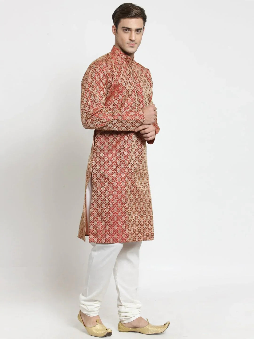 Jompers Men's Red & Beige Self Design Kurta with Churidar