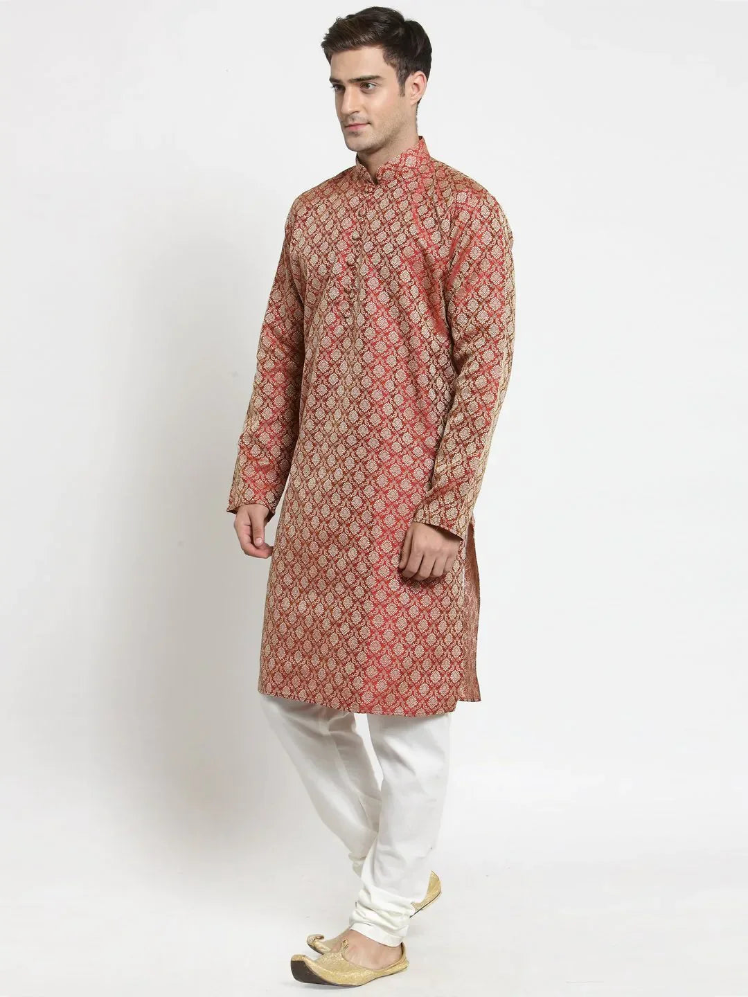 Jompers Men's Red & Beige Self Design Kurta with Churidar
