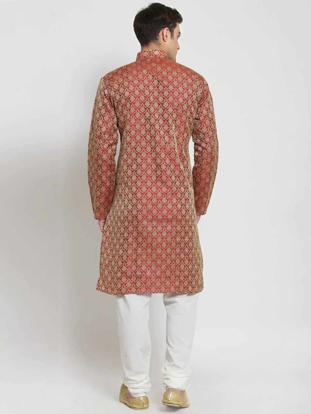 Jompers Men's Red & Beige Self Design Kurta with Churidar