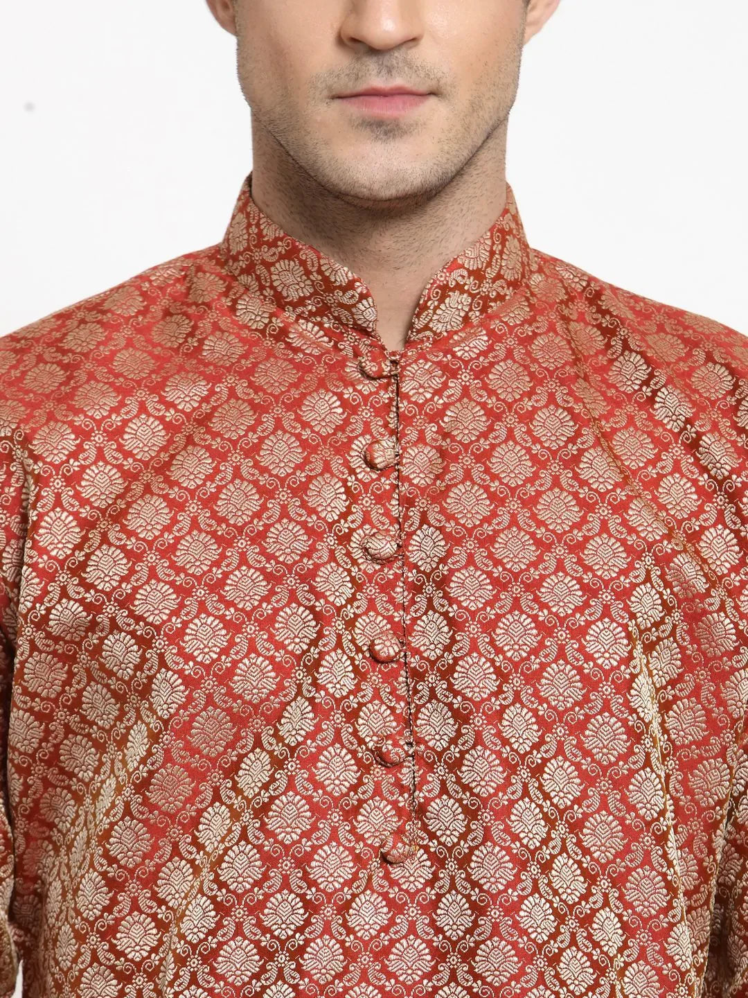 Jompers Men's Red & Beige Self Design Kurta with Churidar