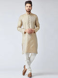 Jompers Men's Beige & Off-White Self Design Kurta with Churidar