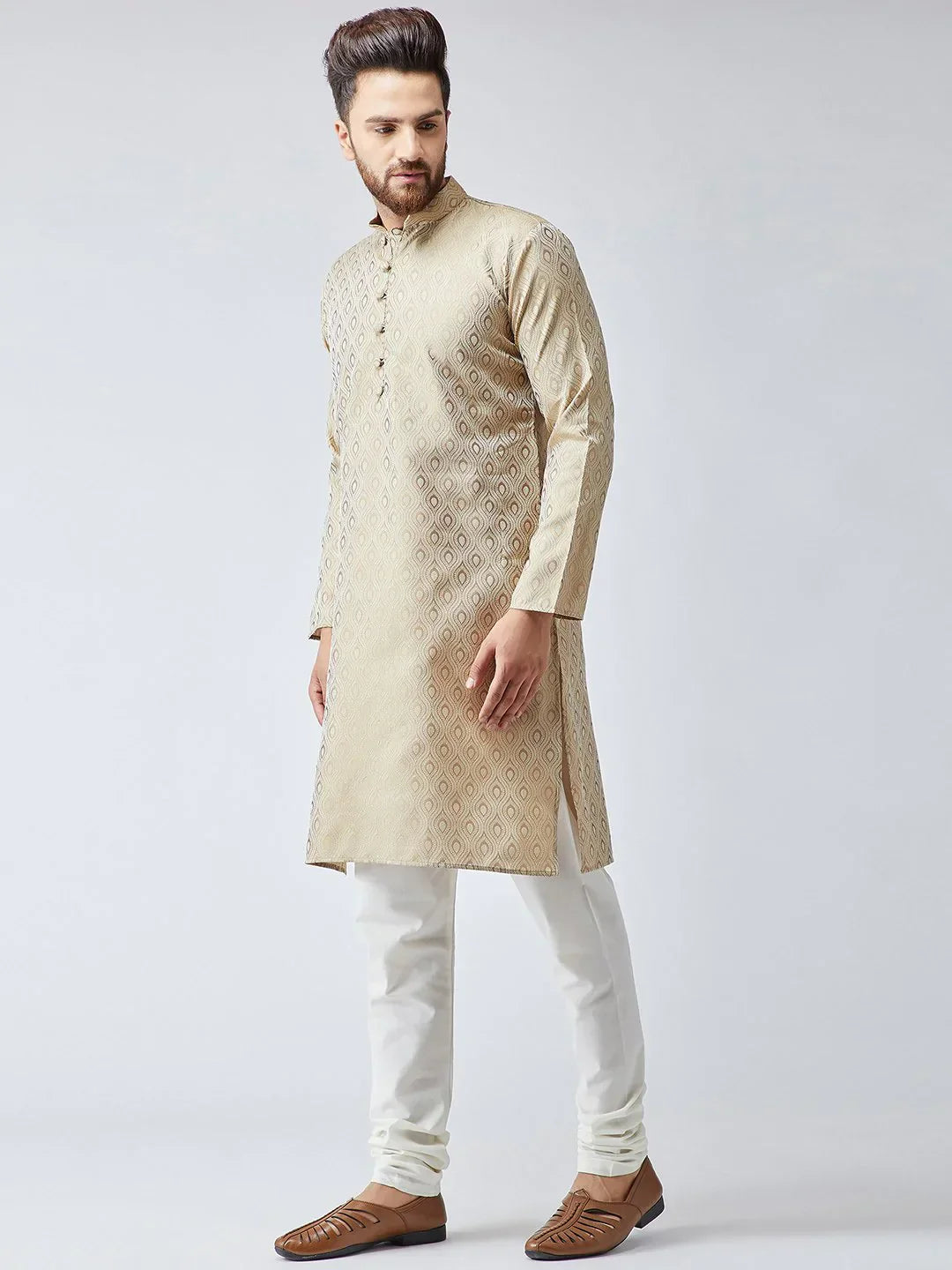 Jompers Men's Beige & Off-White Self Design Kurta with Churidar