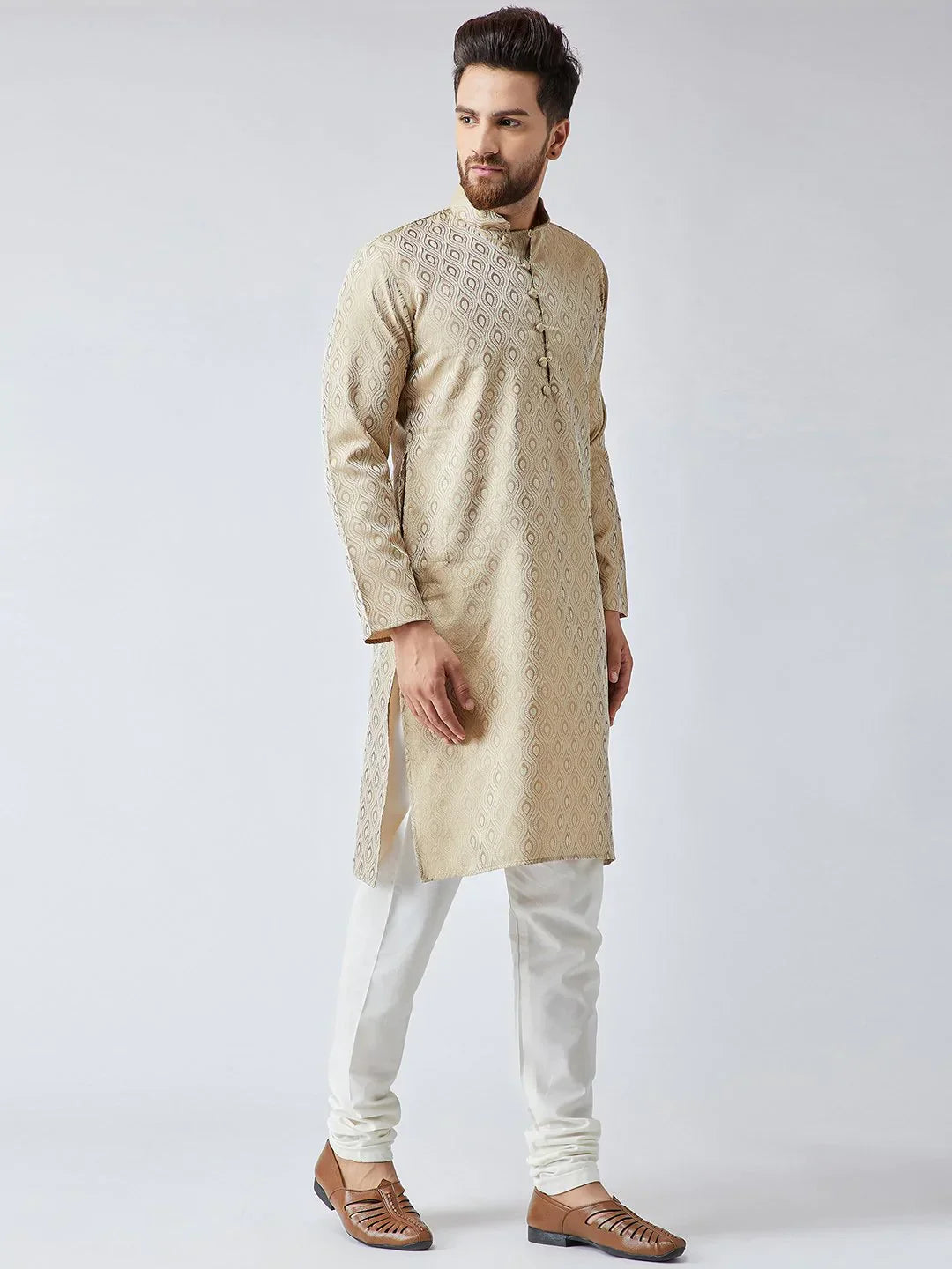 Jompers Men's Beige & Off-White Self Design Kurta with Churidar
