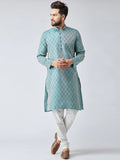 Jompers Men's Green & Off-White Self Design Kurta with Churidar