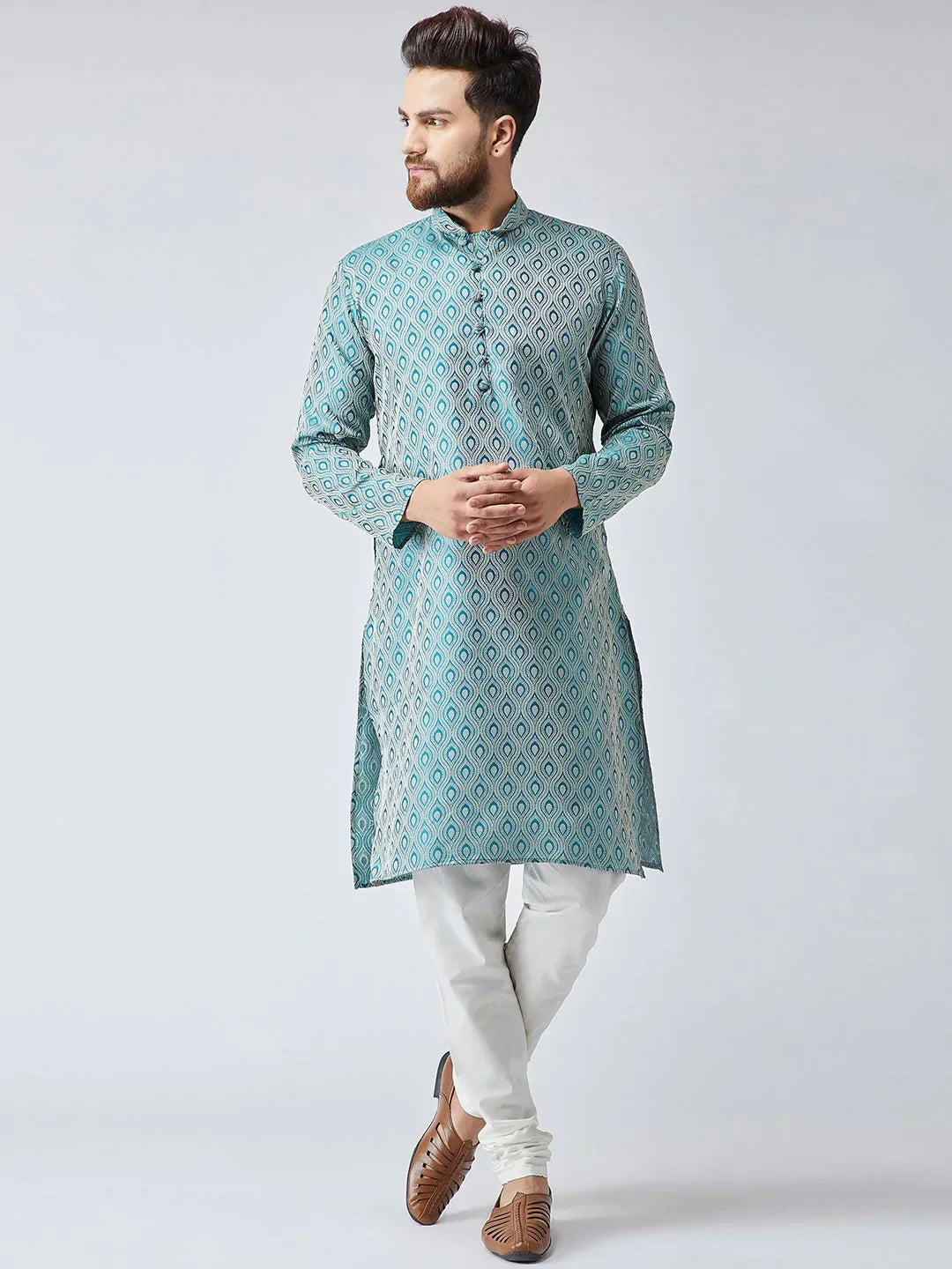 Jompers Men's Green & Off-White Self Design Kurta with Churidar
