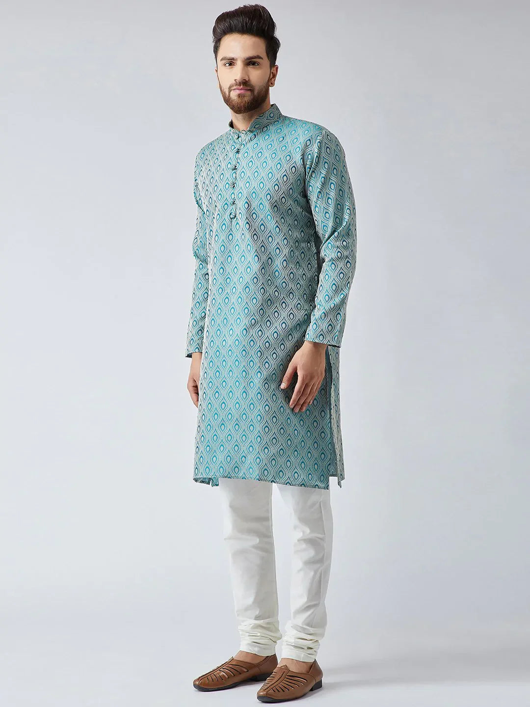 Jompers Men's Green & Off-White Self Design Kurta with Churidar