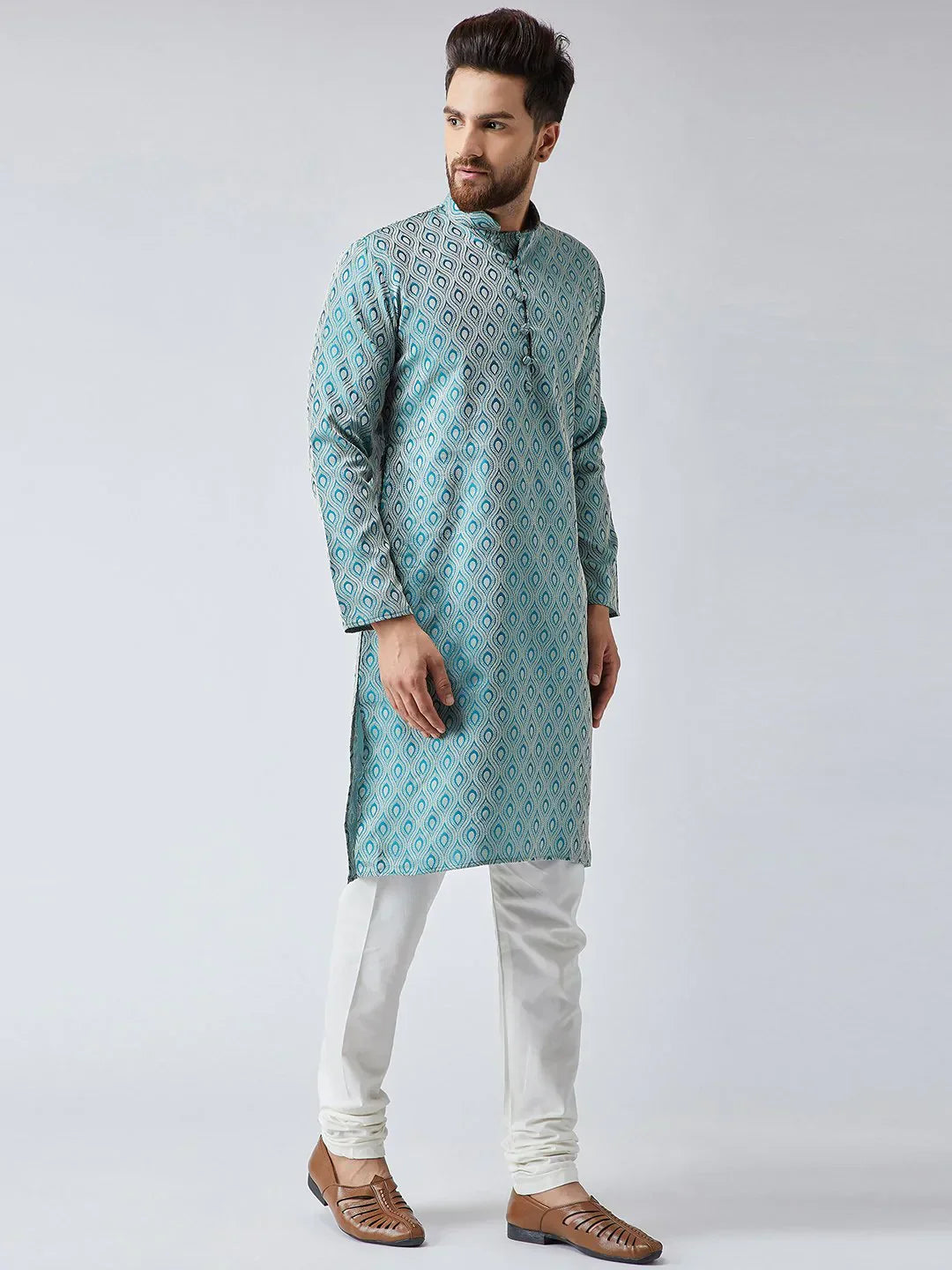 Jompers Men's Green & Off-White Self Design Kurta with Churidar