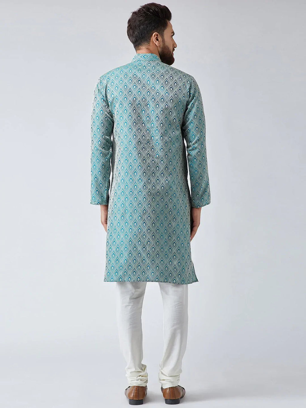 Jompers Men's Green & Off-White Self Design Kurta with Churidar