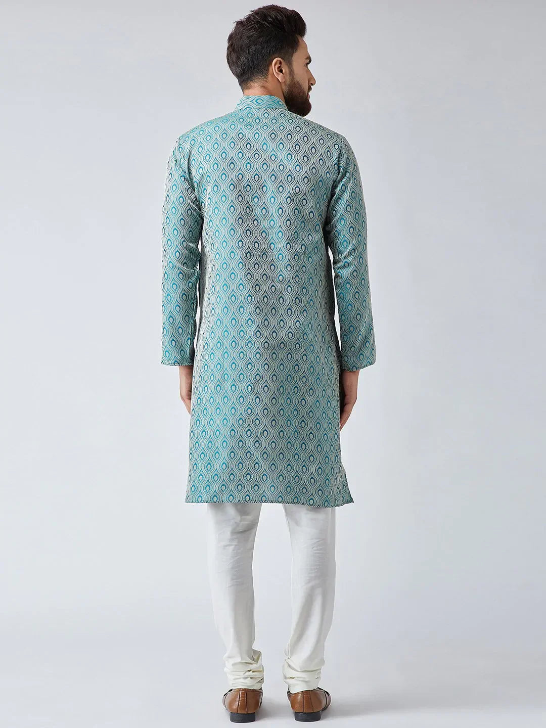 Jompers Men's Green & Off-White Self Design Kurta with Churidar