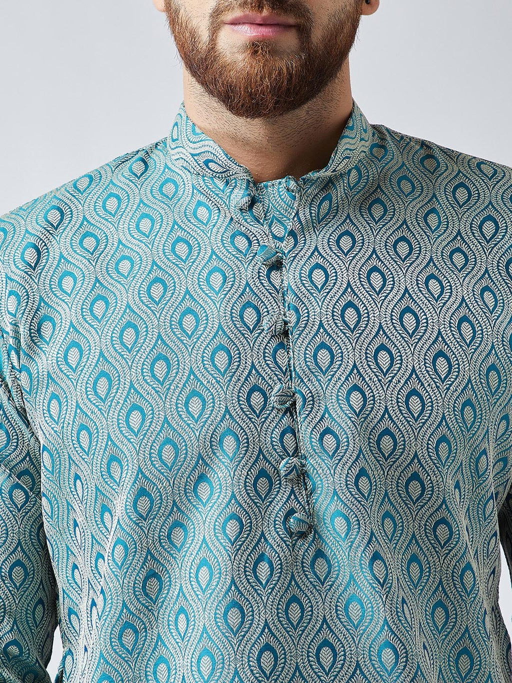 Jompers Men's Green & Off-White Self Design Kurta with Churidar