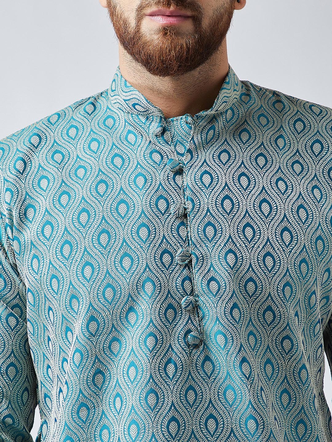 Jompers Men's Green & Off-White Self Design Kurta with Churidar