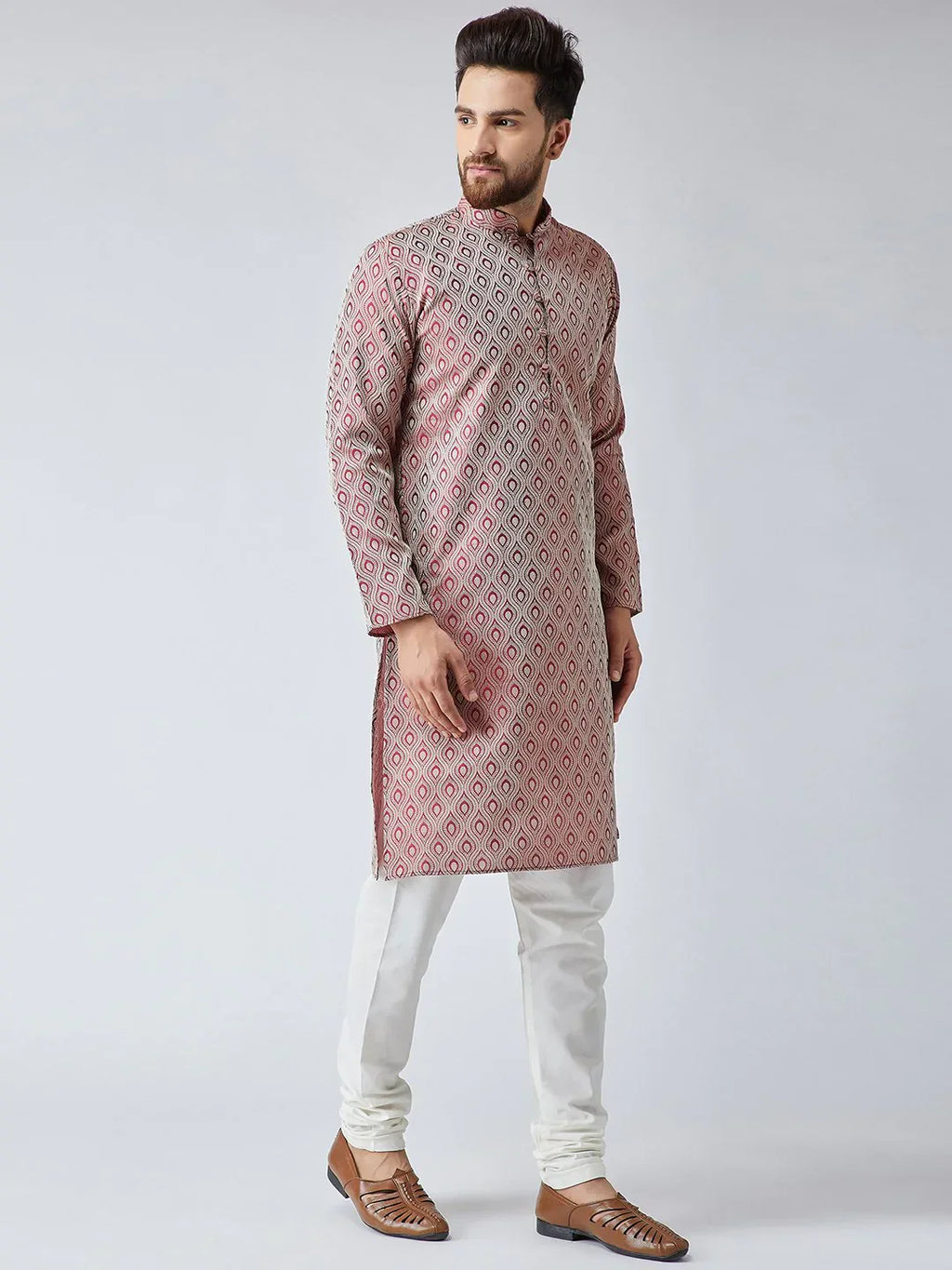 Jompers Men's Maroon & Off-White Self Design Kurta with Churidar