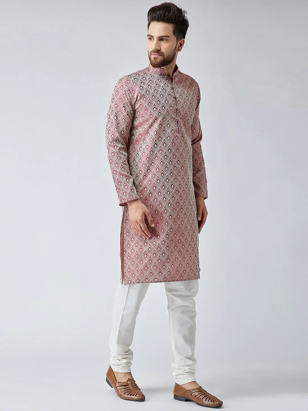 Jompers Men's Maroon & Off-White Self Design Kurta with Churidar