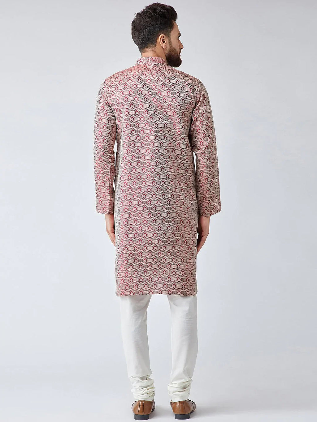 Jompers Men's Maroon & Off-White Self Design Kurta with Churidar