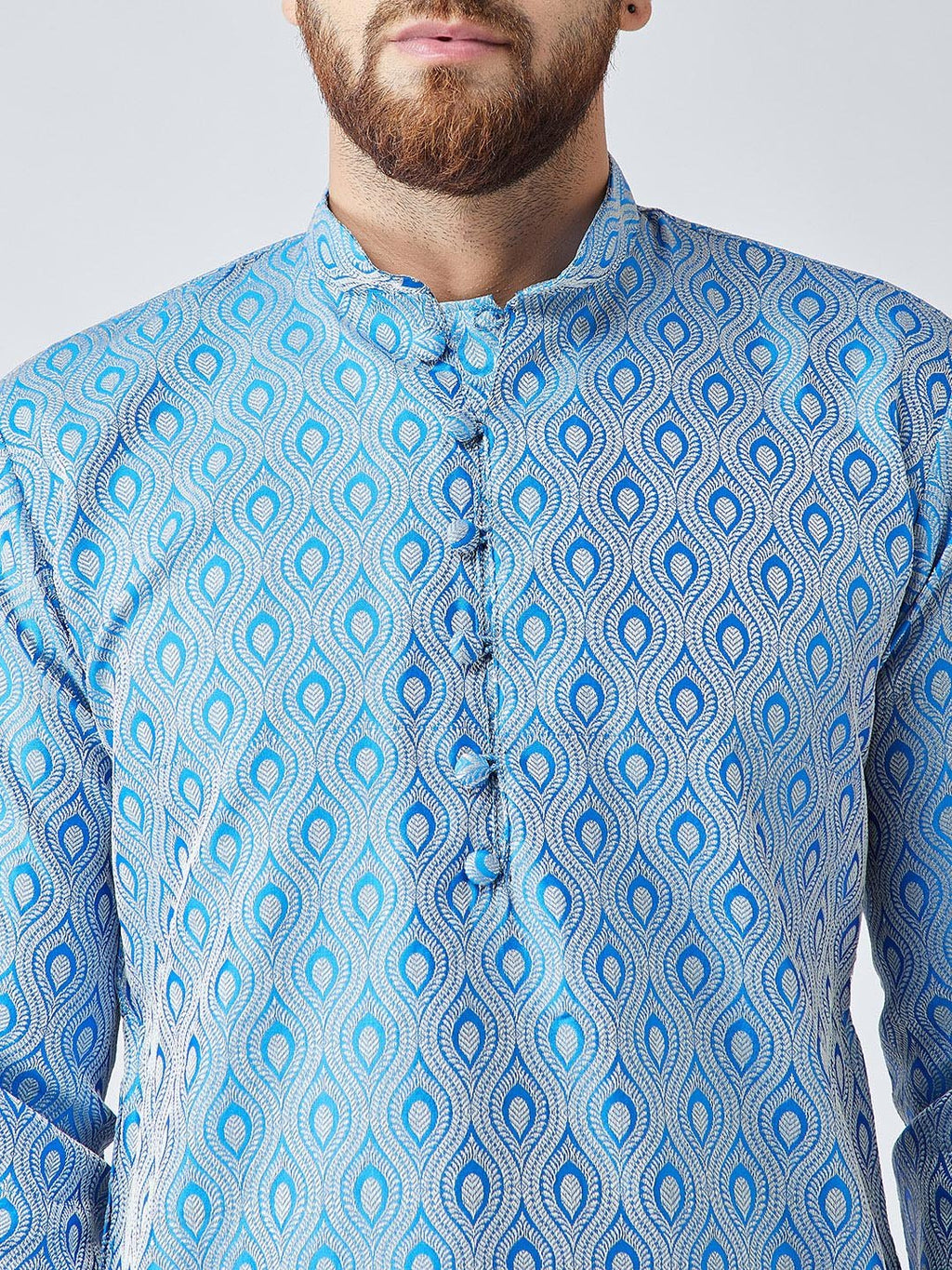 Jompers Men's Sky Blue & Off-White Self Design Kurta with Churidar