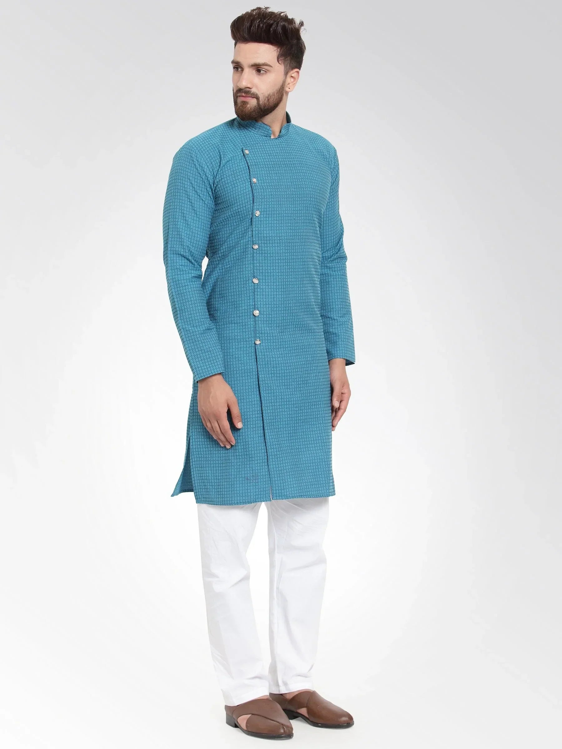 Jompers Men's Green Self Design Kurta with Pajama
